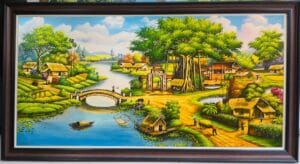 Tranh phong cảnh đồng quê 3d cây đa cổng làng