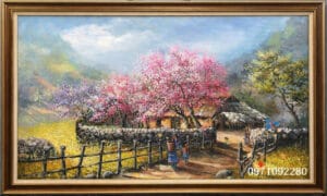 Tranh phong cảnh bản làng tây bắc hoa đào mùa xuân
